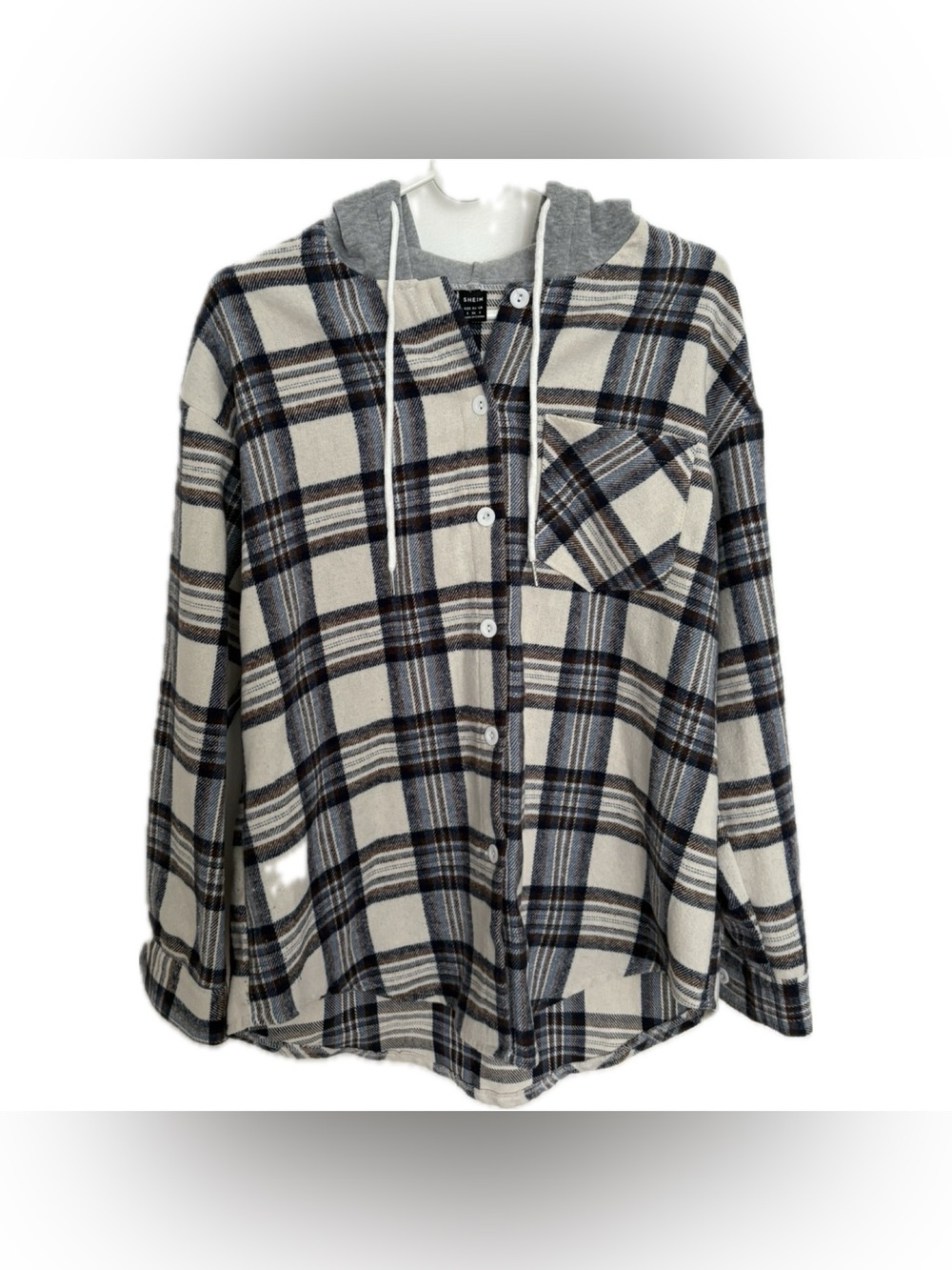 Plaid Hooded Button-Up Shirt Jacket in Cream Blue Brown and Black
